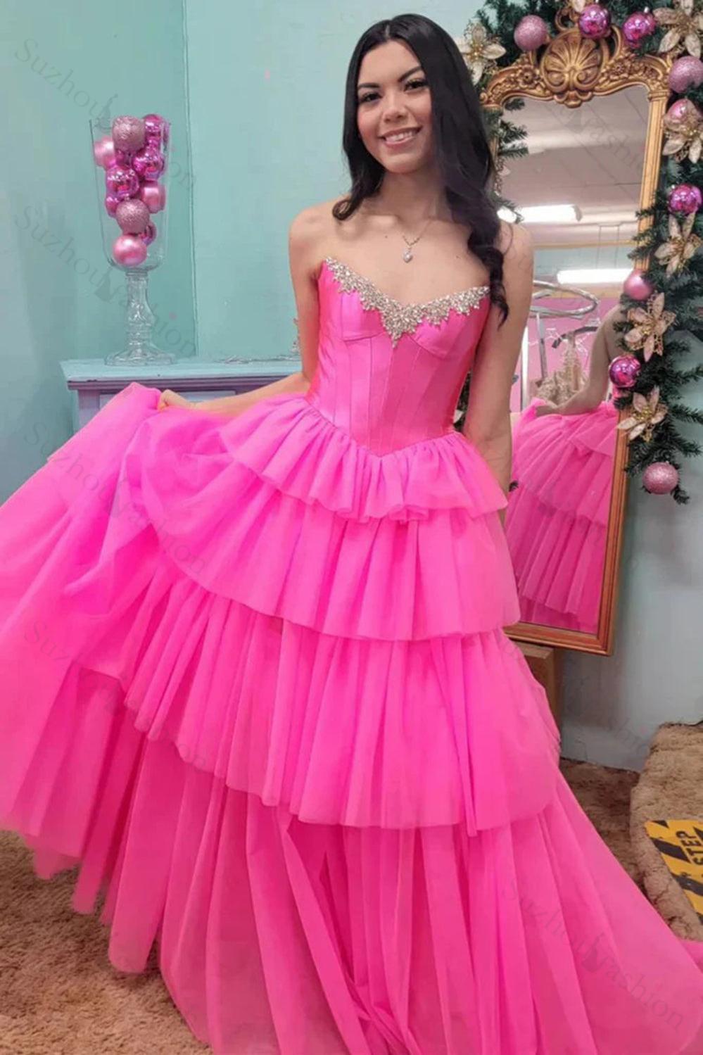 Fuchsia Prom Dress Off The Shoulder A-Line Tiered Long Formal Dress With Slit