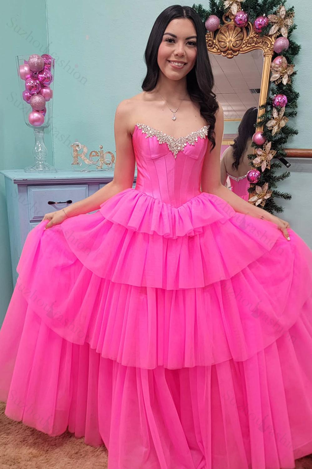 Fuchsia Prom Dress Off The Shoulder A-Line Tiered Long Formal Dress With Slit