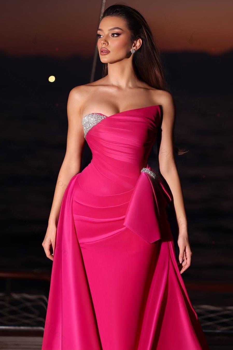 Fuchsia Prom Dress Sleeveless Strapless Long Evening Formal Dress With Pleated Beading