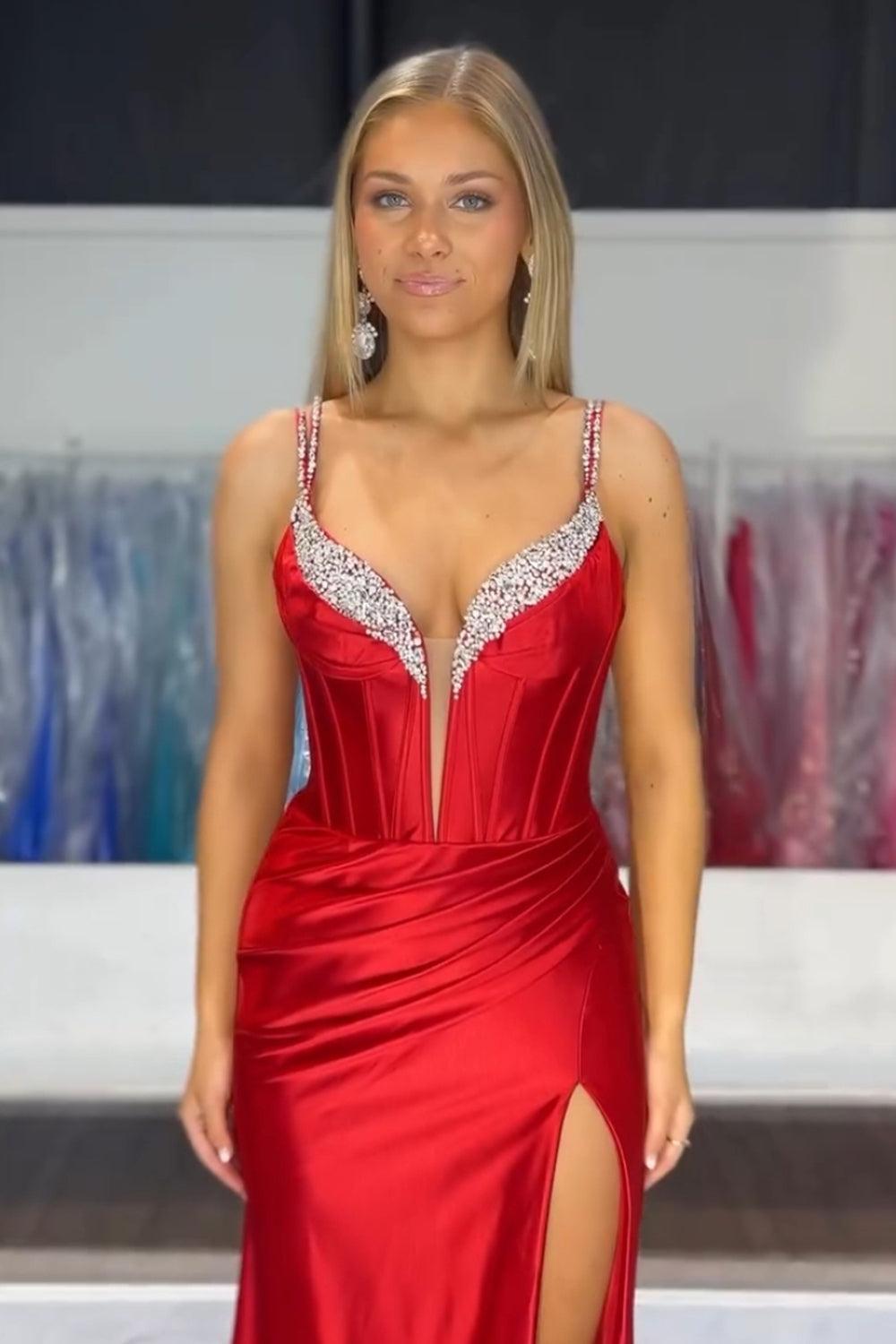 Fuchsia Prom Dress Spaghetti Straps Mermaid Corset Formal Dress With Slit