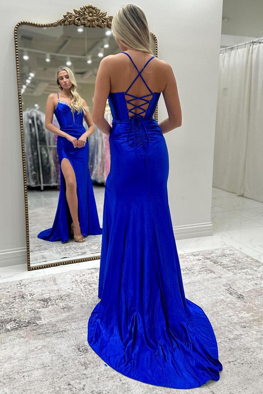 Fuchsia Prom Dress Spaghetti Straps Mermaid Corset Formal Dress With Slit