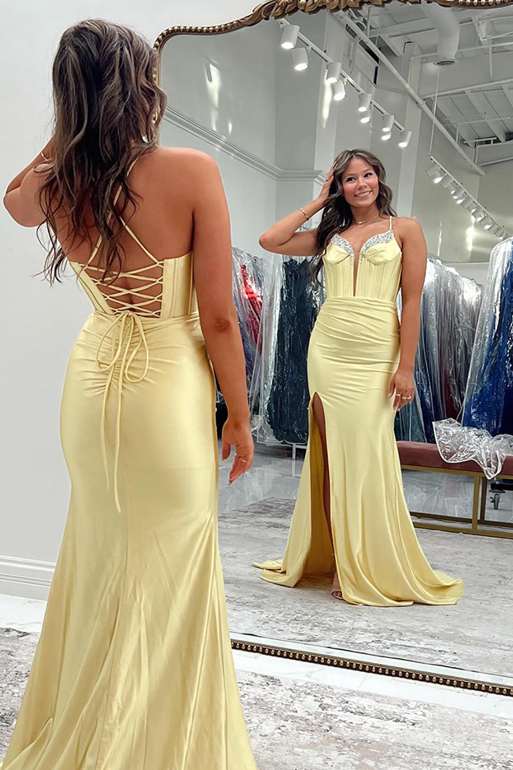 Fuchsia Prom Dress Spaghetti Straps Mermaid Corset Formal Dress With Slit