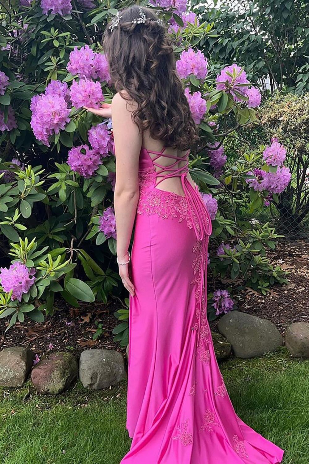 Fuchsia Prom Dress Spaghetti Straps Mermaid Satin Long Formal Dress With Slit