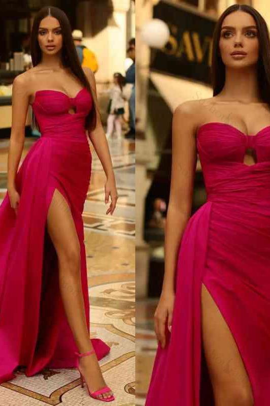 Fuchsia Prom Dress Strapless Evening Formal Dress Long With High Slit