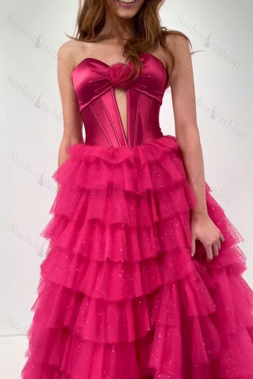 Fuchsia Prom Dress Strapless Ruffled Corset Tulle Long Formal Dress