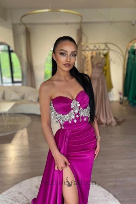 Fuchsia Prom Dress Sweetheart A Line Beaded Sleeveless Satin Panel Train Formal Dress With High Slit