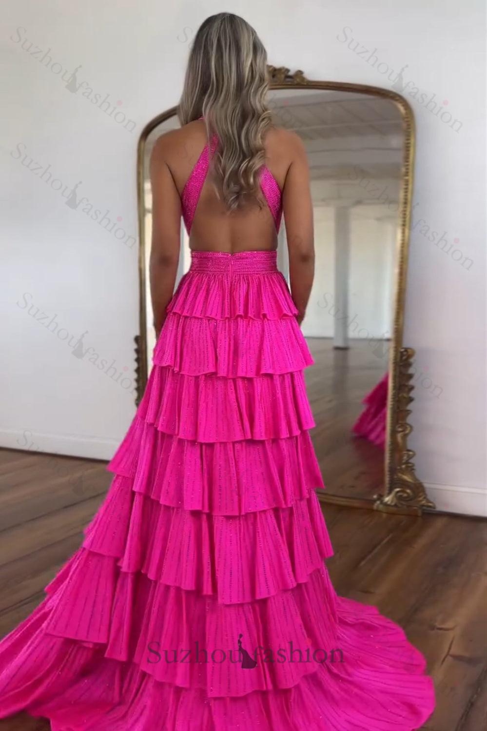 Fuchsia Prom Dress Tiered A-Line Halter Long Formal Dress With Slit