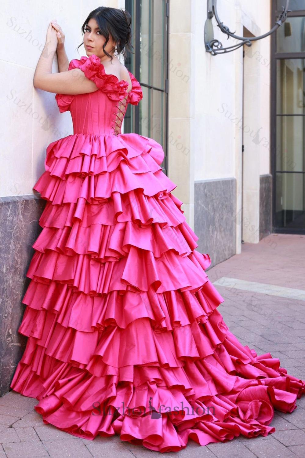 Fuchsia Prom Dress Tiered A-Line Off The Shoulder Long Formal Dress With Slit