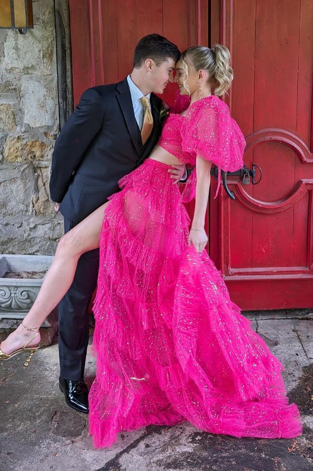 Fuchsia Prom Dress Two Piece Ruffled Long Formal Dress With Slit