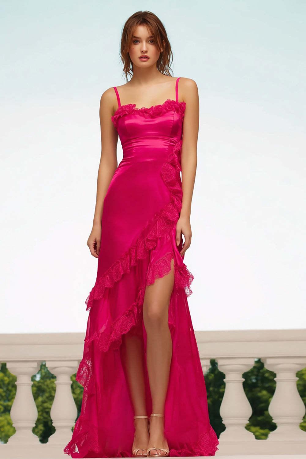 Suzhoufashion Fuchsia Satin Sheath Spaghetti Straps Long Prom Dress With Ruffles