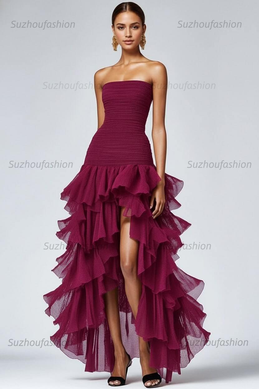 Black Wedding Guest Dress Strapless Tulle Long Ruffled Formal Dress With Slit