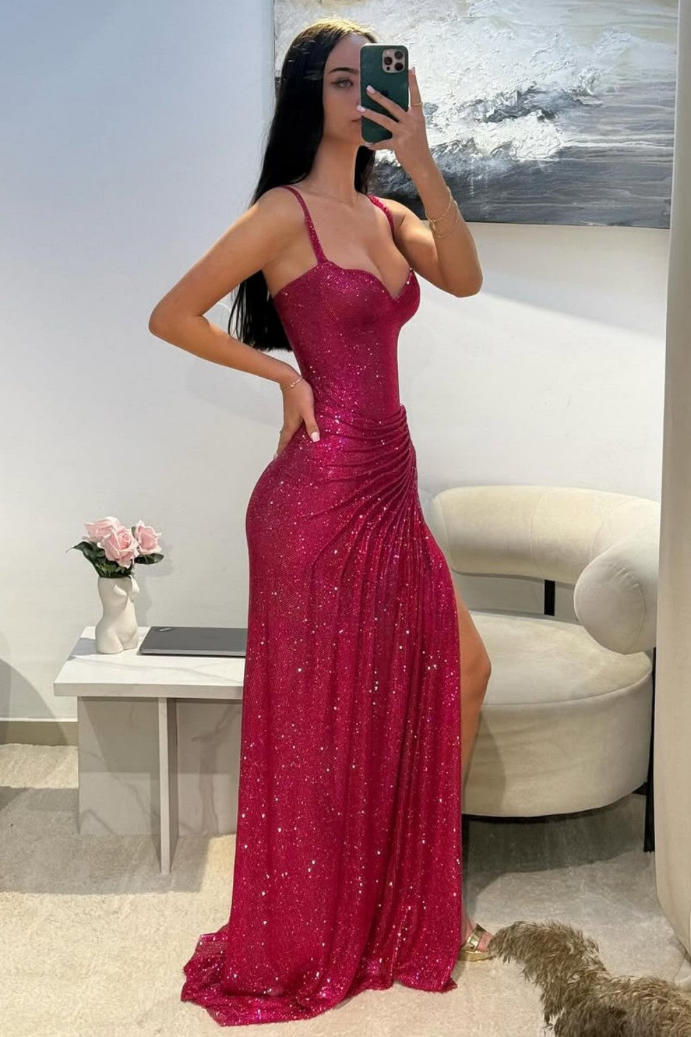 Sparkly Mermaid Spaghetti Straps Red Sequins Long Prom Dress with Ruched - View 2 | VelvetHem