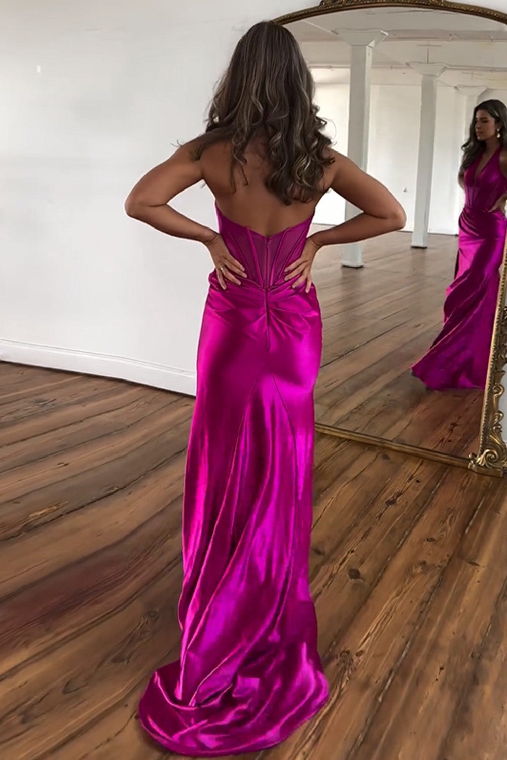 Fuchsia Mermaid Halter Neck Backless Long Satin Prom Dress With Split - View 2 | VelvetHem