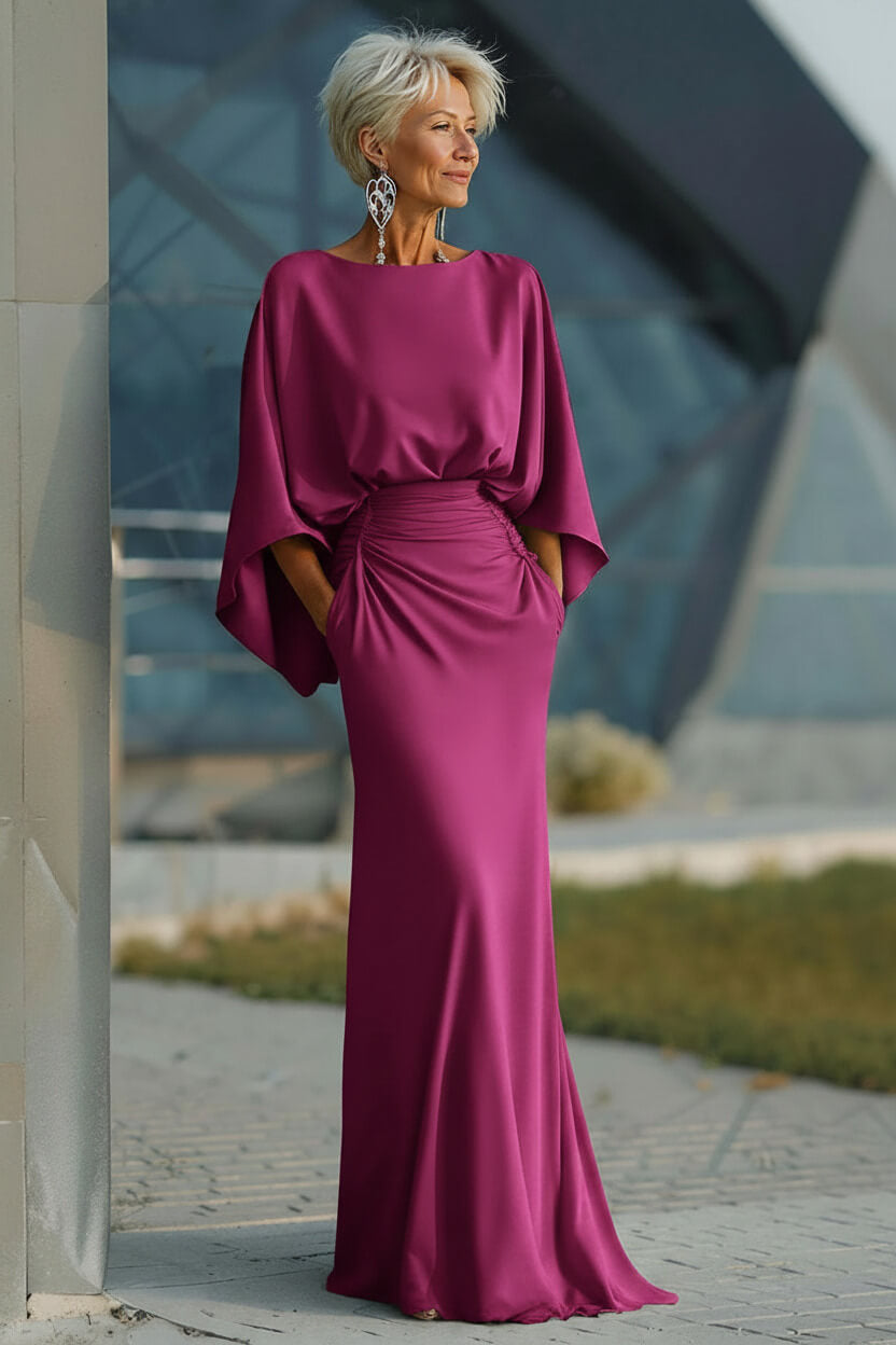 Navy Satin Mermaid Backless Long Mother Of The Bride Dress With Pockets