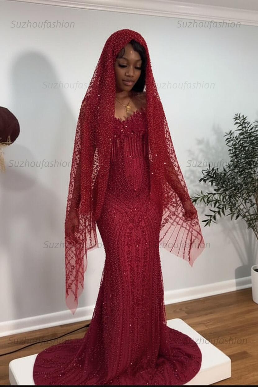 Red Sweetheart Prom Dress Mermaid Stunning Evening Dress with Beadings