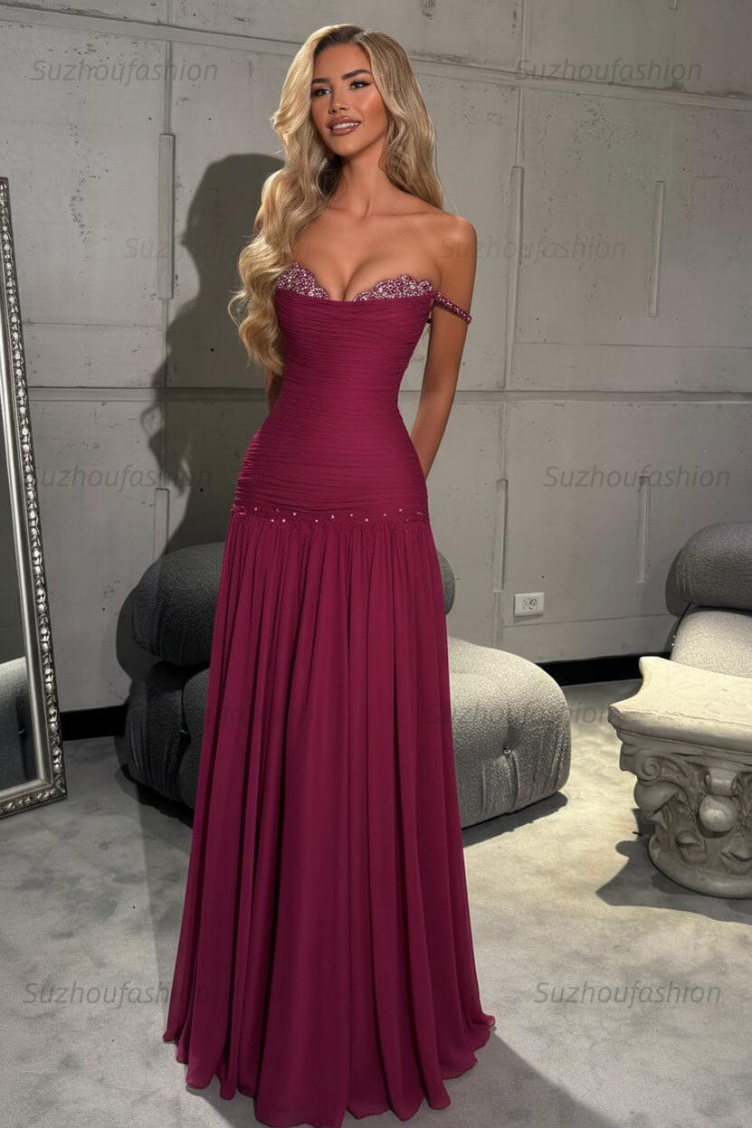 Off The Shoulder Prom Dress Sleeveless Pleated A Line Formal Evening Gown