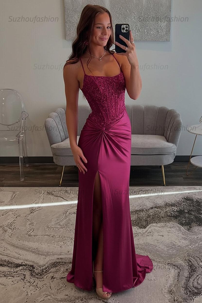 Red Prom Dress Spaghetti Straps Ruhed Long Lace Formal Dress With Appliques