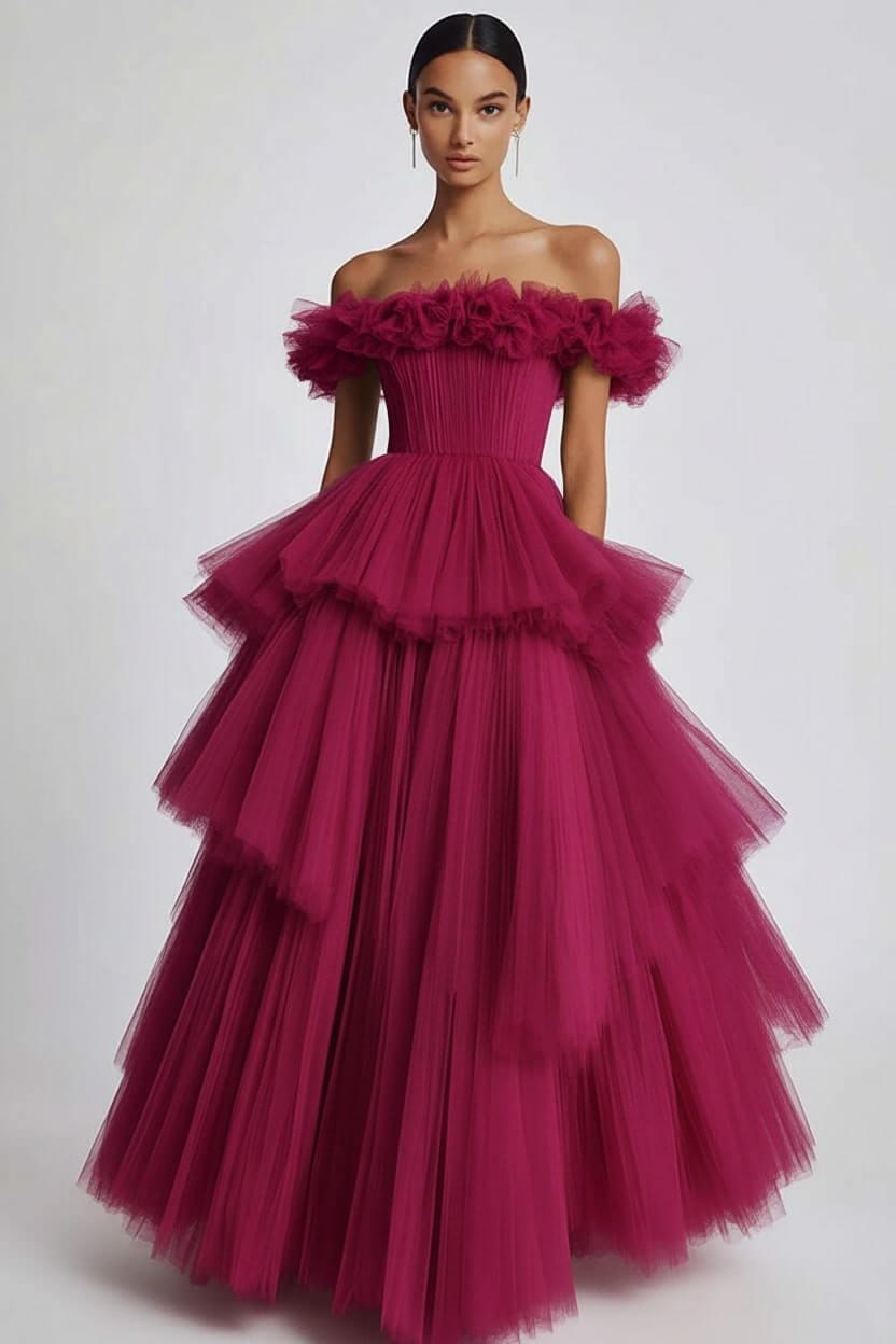 Dusty Sage Prom Dress Tulle Off The Shoulder Ball Gown Formal Dress With Ruffles