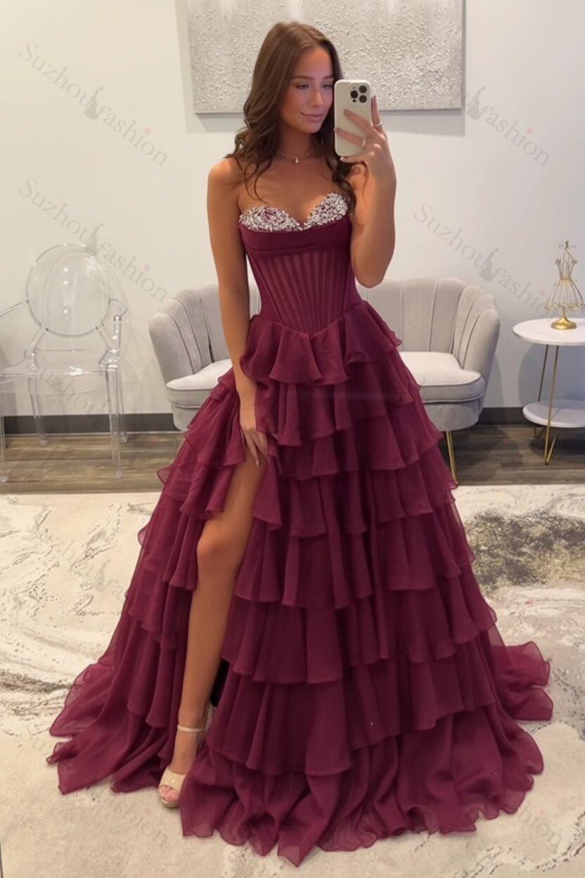 Ruffled Black Prom Dress A Line Corset Long Formal Dress With Beadings