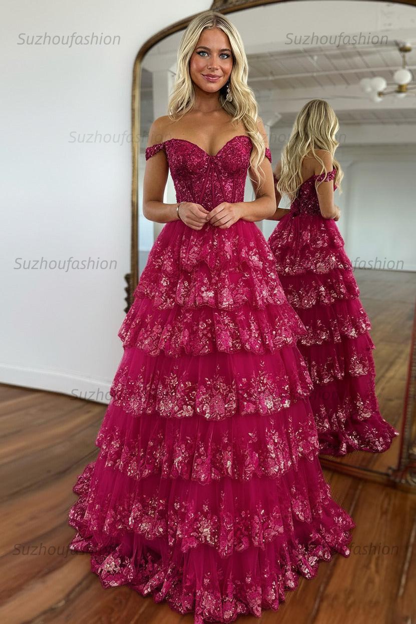 Glitter Hot Pink Corset Off the Shoulder Lace Long Prom Dress