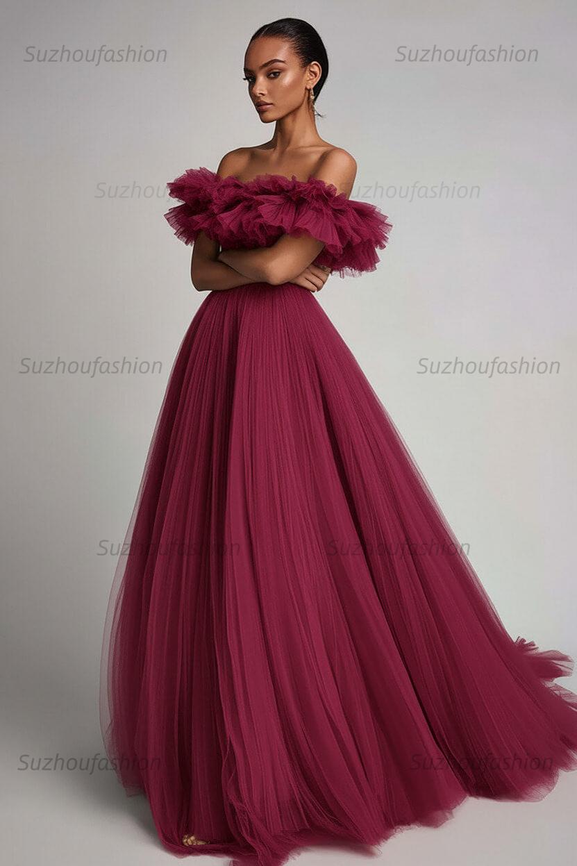 Dusty Sage Prom Dress Tulle A Line Long Formal Dress With Ruffles