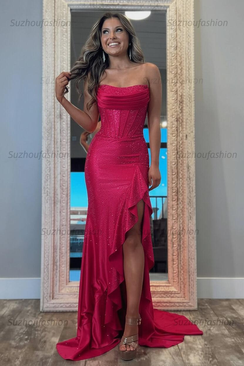 Hot Pink Beaded Prom Dress Corset Ruffled Strapless Formal Dress With Slit