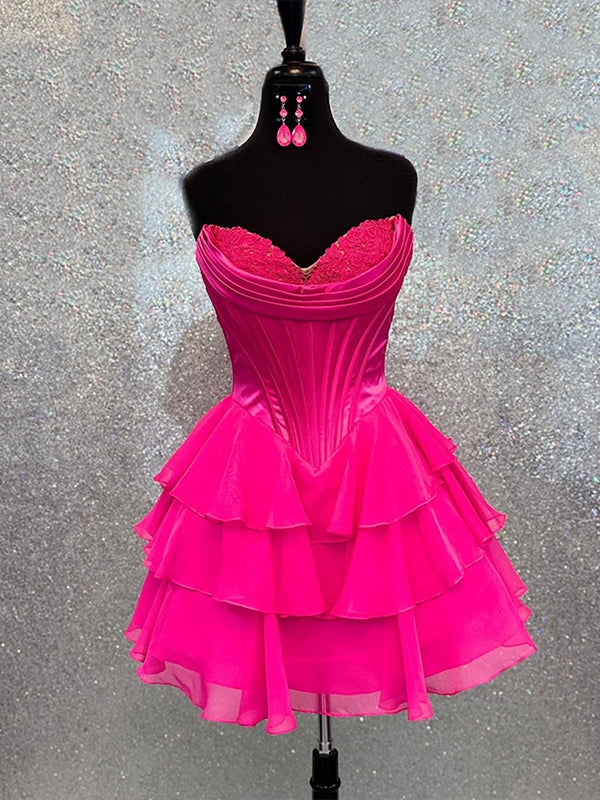 A Line Strapless Short Corset Homecoming Dress with Ruffles