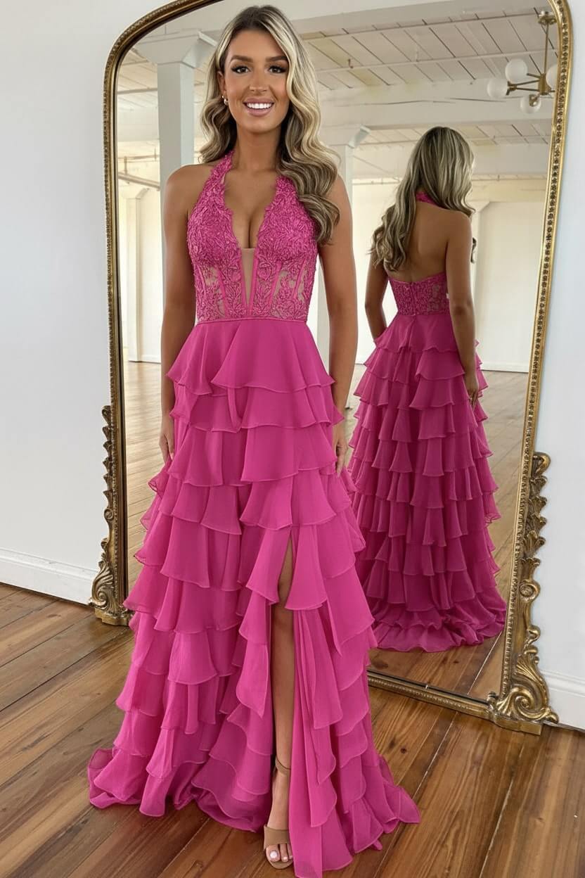 Sky Blue Prom Dress Ruffled Halter Corset Formal Dress With Slit