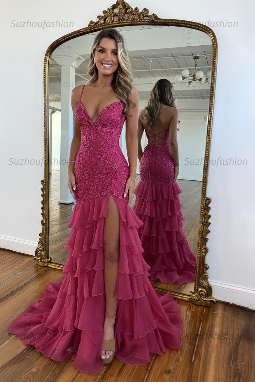 Suzhoufashion Mermaid Spaghetti Straps Lace Up Long Prom Dress With Ruffle Skirt Formal Evening Gown