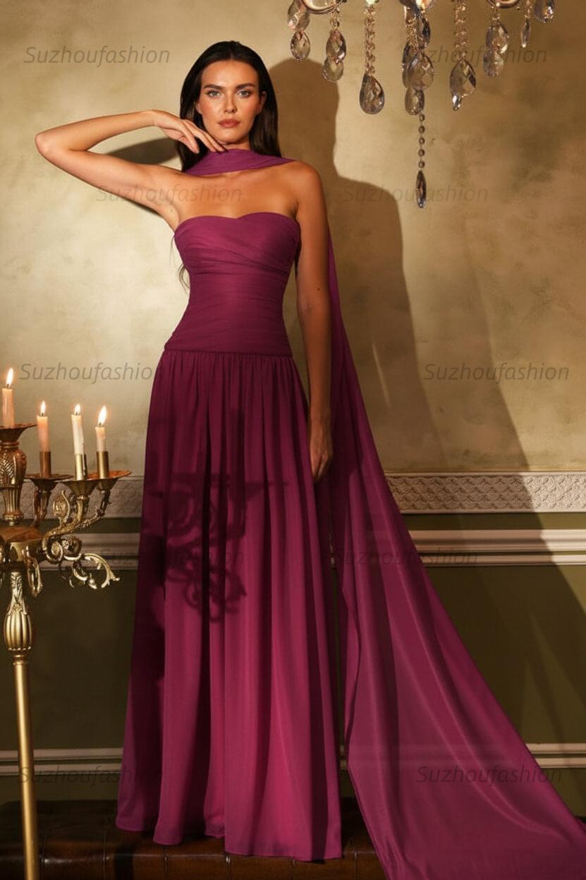 Chiffon Strapless Sleeveless Long Evening Formal Dress With Ruffled Pleated