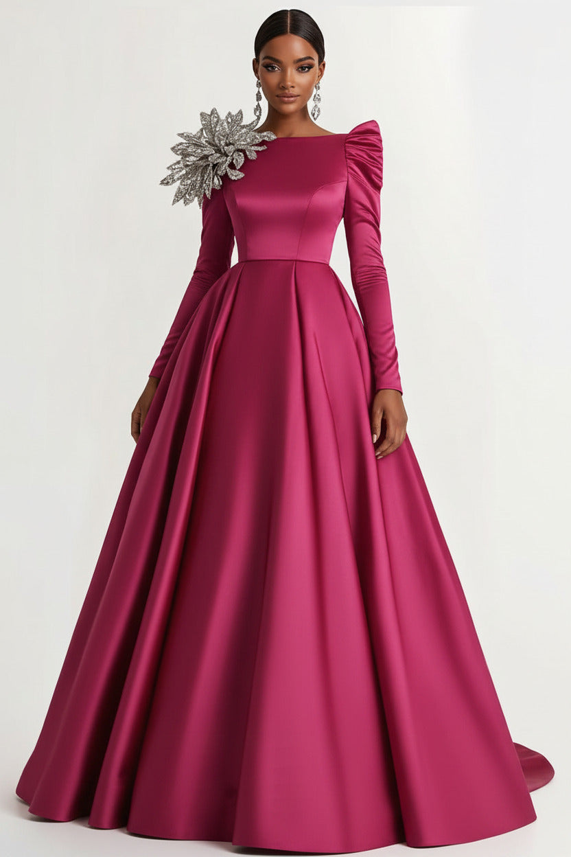 A-Line Long Black Wedding Guest Dress Satin Boat Neck Formal Dress With Long Sleeves
