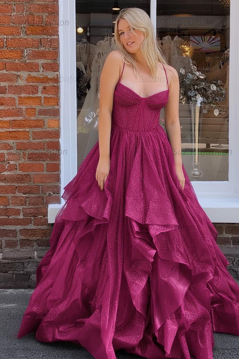 Dark Green A Line Long Corset Prom Dress With Ruffles