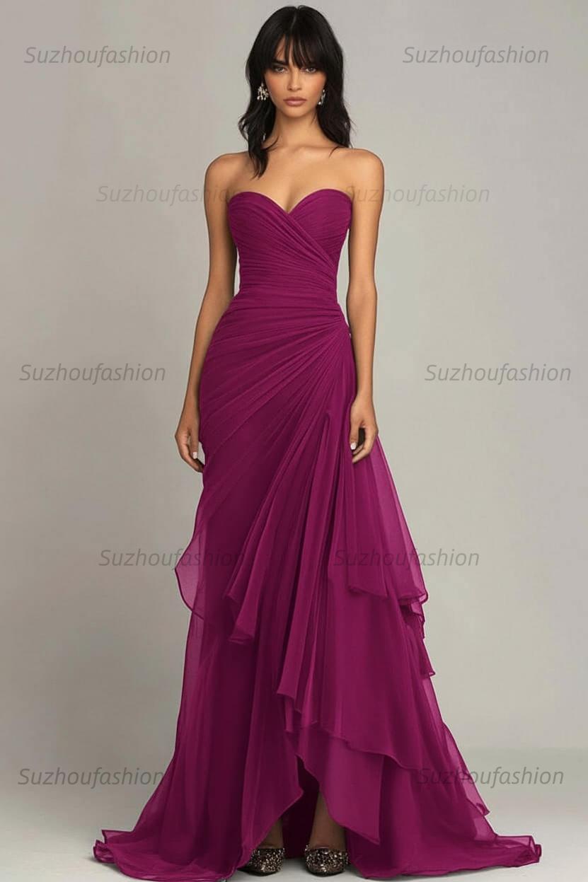 Elegant Sweetheart Ruched Dark Brown Long Formal Dress With Ruffles