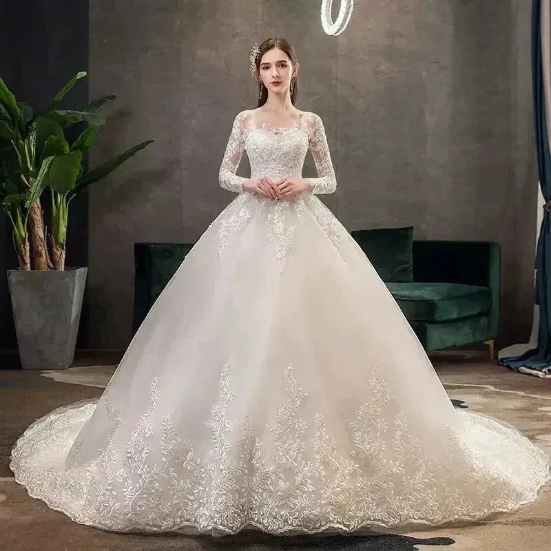 Full Sleeve Lace Long Train Wedding Dresses Illusion Long Appliques Lace Embroidery Vestido De Noiva Vestidos De Novia by payinti