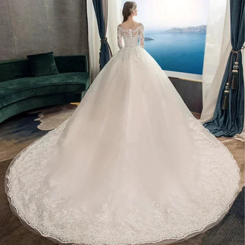Full Sleeve Lace Long Train Wedding Dresses Illusion Long Appliques Lace Embroidery Vestido De Noiva Vestidos De Novia (ZD14012)