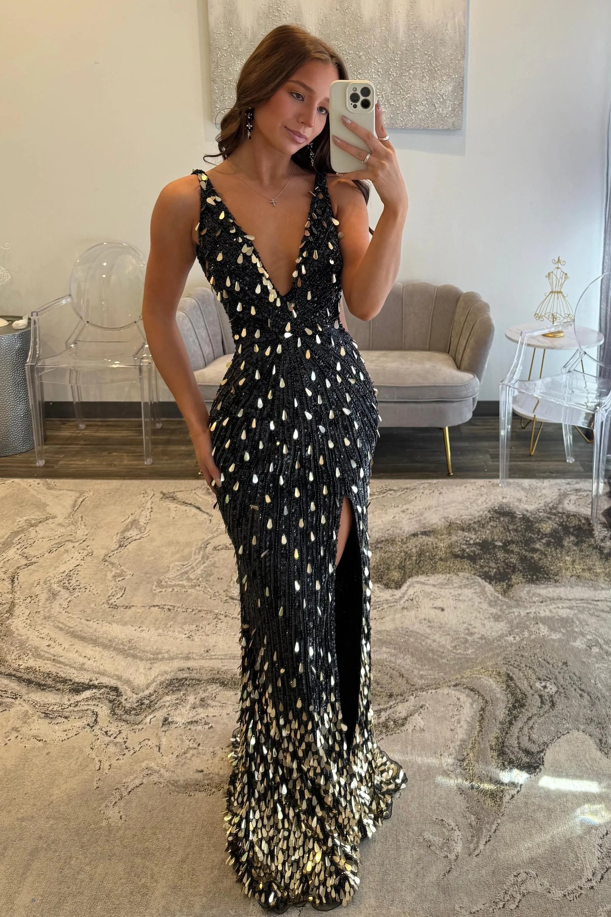 Sparkly Gold Fully Beaded Prom Dress with Deep V Neck Slit and Open Back (ZD17393)