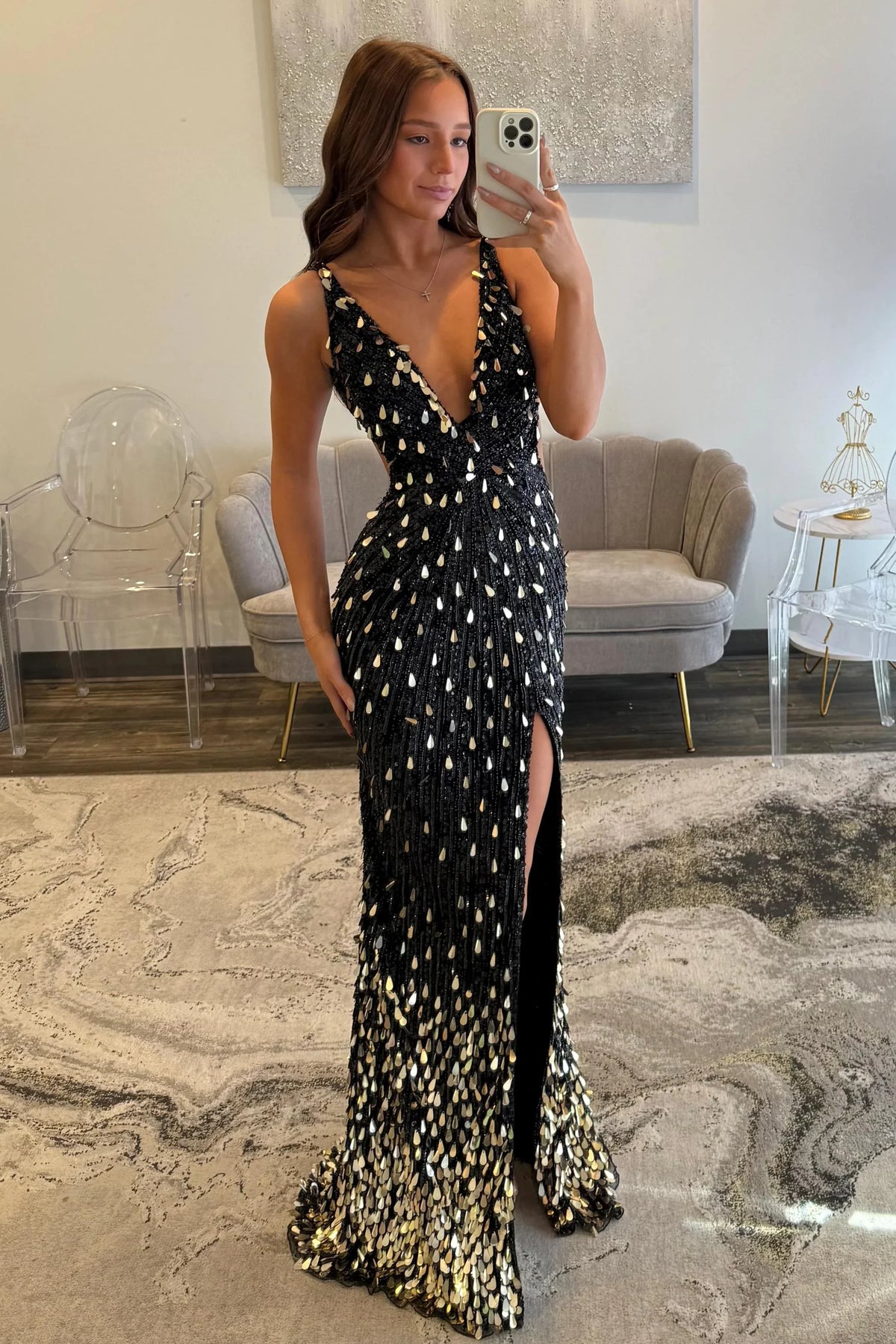 Sparkly Gold Fully Beaded Prom Dress with Deep V Neck Slit and Open Back (ZD17393)