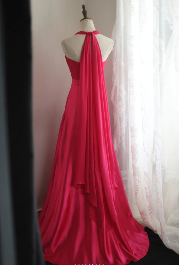 Glamorous Halter Hot Pink Satin Chiffon Mermaid Long Party Dress Formal Birthday Prom Gowns With Cape - View 2 | VelvetHem