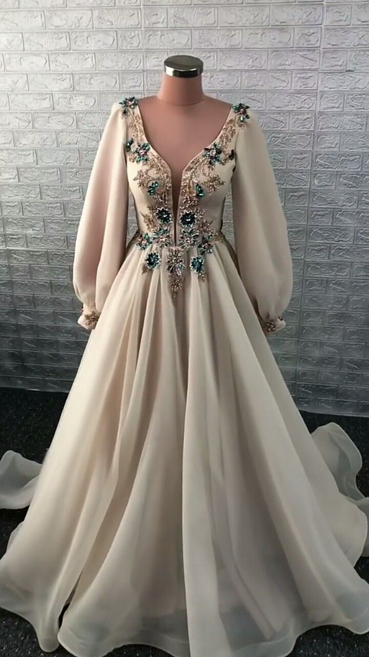 Elegant A-line V Neck Long Sleeves Prom Dress,Modest Prom Gown - VelvetHem
