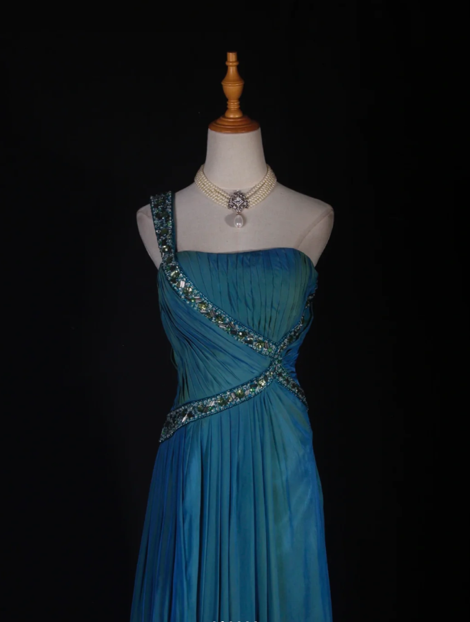 Unique Blue One Shoulder Satin Pleated Beaded Mermaid Prom Dress Long Birthday Evening Gowns - View 2 | VelvetHem
