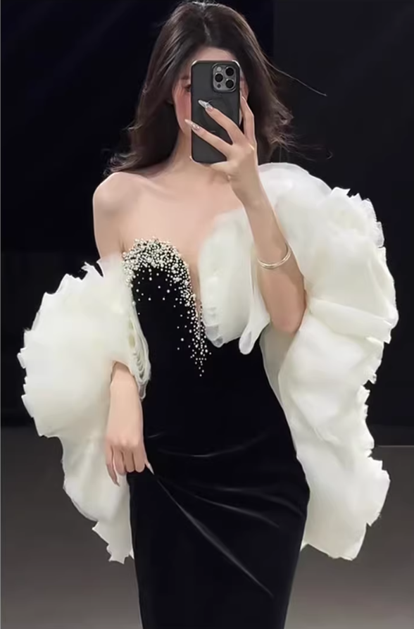 Gorgeous Strapless Black Velvet Beaded Mermaid Long Prom Dress Birthday Party Dress - View 4 | VelvetHem