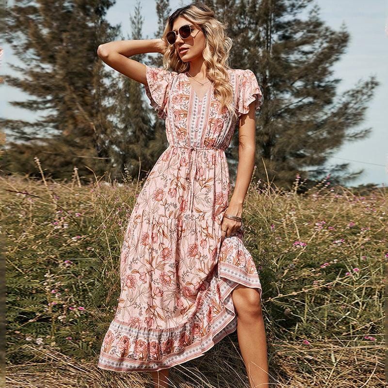 Yoselin Elevated Pink Bohemian Midi Dress Designer Edit