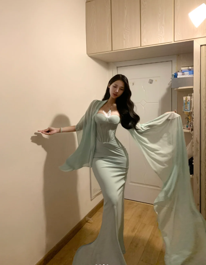 Classy Strapless Light Green Satin Mermaid Party Dress Long Evening Gown - View 3 | VelvetHem