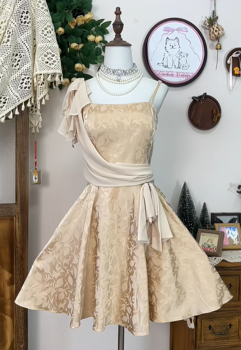 Vintage Champagne Satin Print Floral Birthday Outfits A Line Short Homecoming Dress