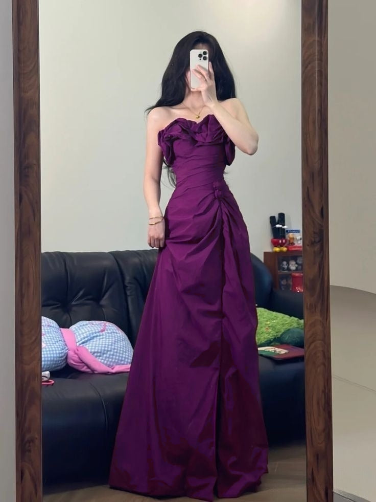 Elegant A Line Strapless Burgundy Satin Long Prom Dresses Formal Dress - View 2 | VelvetHem