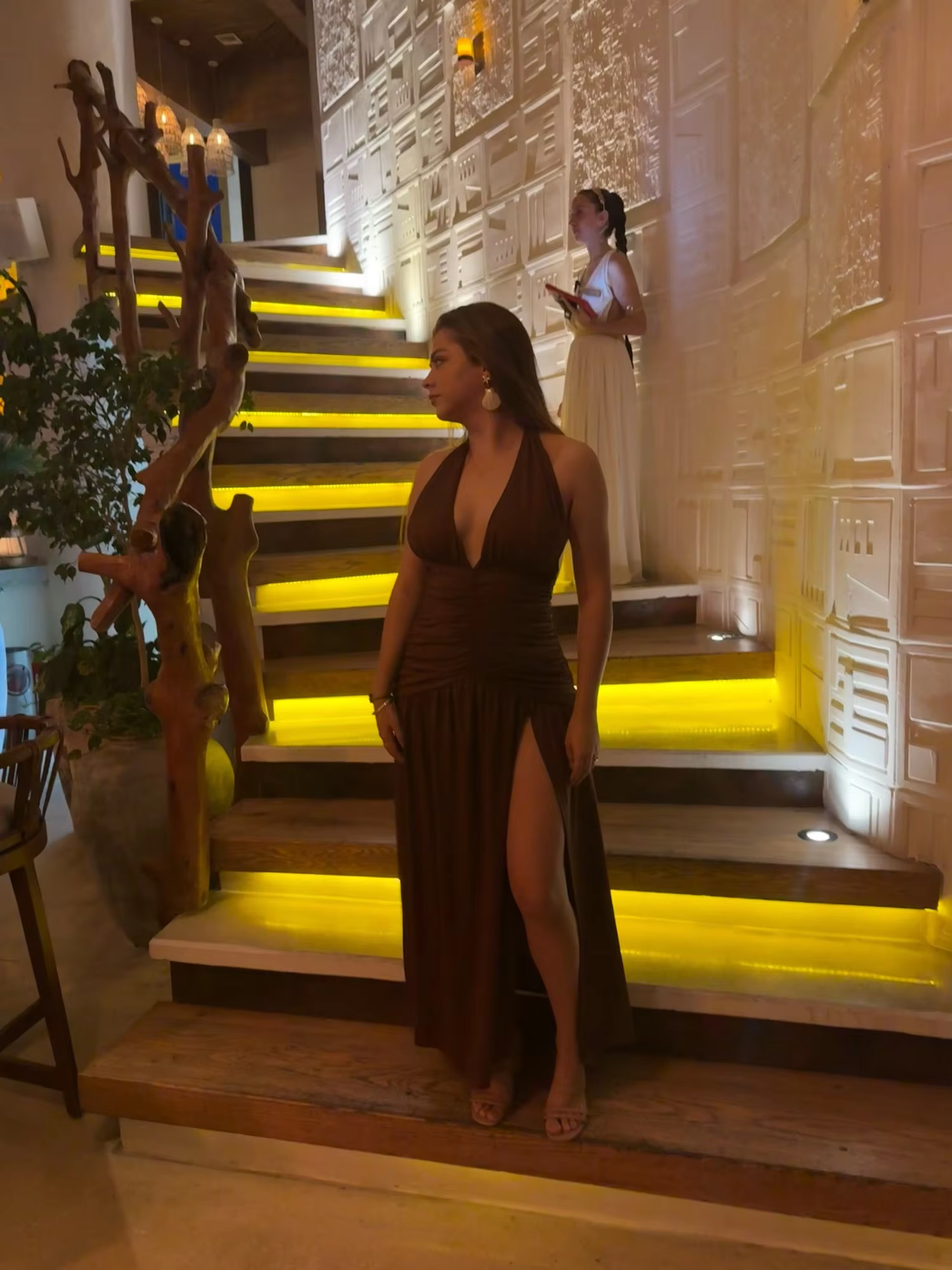 Sexy Halter Backless Party Evening Dress,Brown V Neck Slit Prom Dress