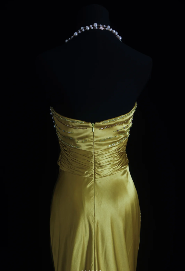 Stylish Strapless Gold Satin Pleated Beaded Mermaid Long Birthday Party Dress Evening Dress - View 5 | VelvetHem
