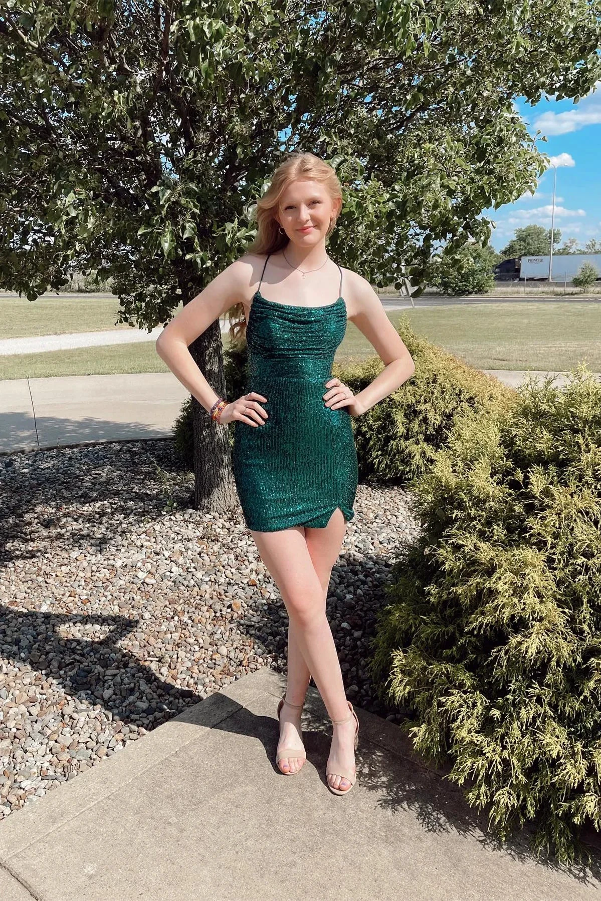 Straps Dark Green Cowl Neck Tight Mini Dress Dark Green Homecoming Dress (ZD11812)
