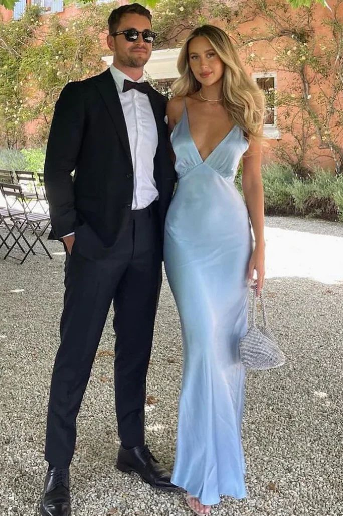 Spaghetti Straps Blue V Neck Long Party Dress Prom Dress - View 2 | VelvetHem