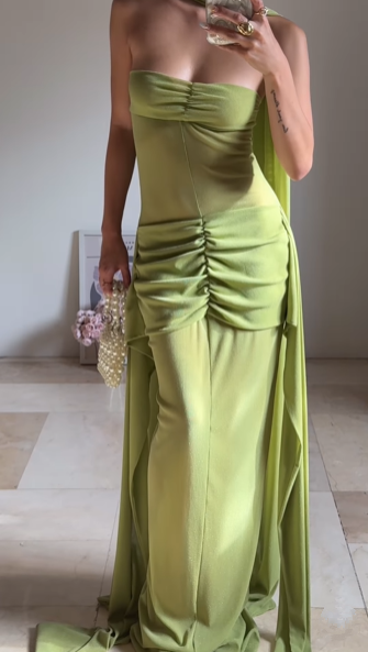 Elegant Green Strapless Ruched Party Dress,Long Prom Evening Dress - VelvetHem